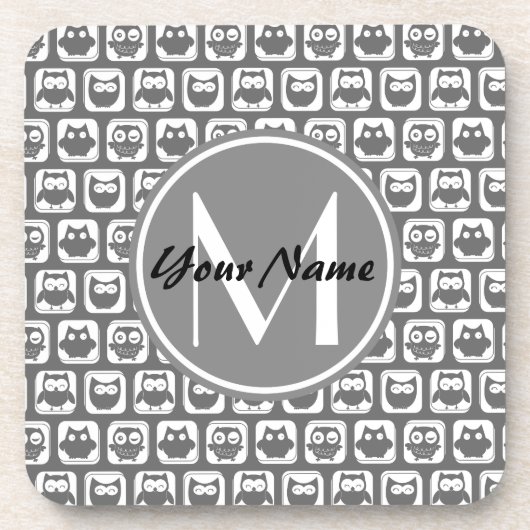 Graue Owls Muster benutzerdefinierte Monogramm, Pe Untersetzer (Vorderseite)