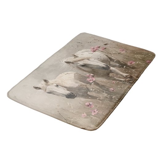 Graue Pferde Rosa Blume Ölgemälde Badematte (Schrägansicht)