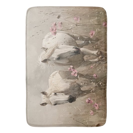 Graue Pferde Rosa Blume Ölgemälde Badematte (Vorderseite Vertikal)