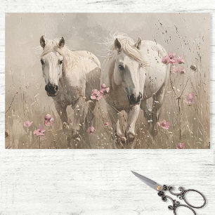 Graue Pferde rosa Blumen Ölgemälde Decoupage Seidenpapier