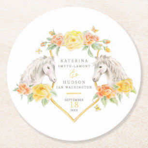 Graue Pferde und gelbe Rosen monogrammierte Hochze Runder Pappuntersetzer