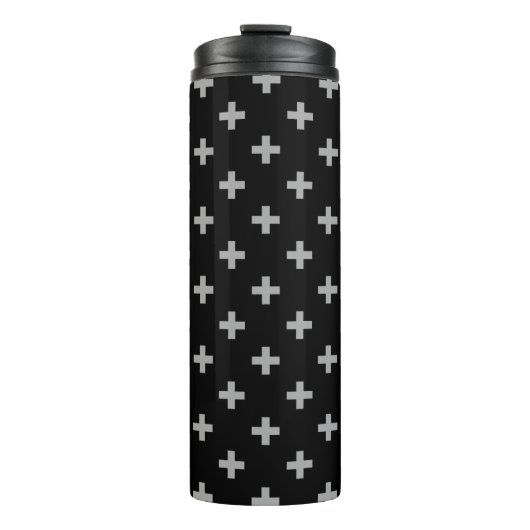 Graue Polka-Kreuze auf schwarz Thermosbecher (Vorderseite)