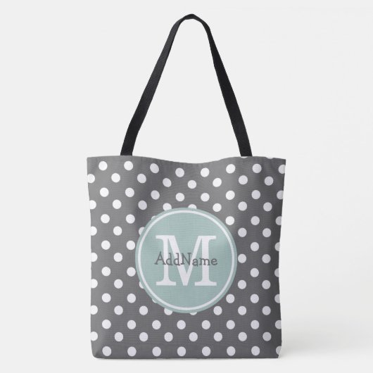 Graue Polka-Punkte, Minze Monogramm und Personalis Tasche (Rückseite)