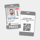 Graue Pressefoto- und Logopresse-ID-QR-Code Ausweis (Vorder- & Rückseite)