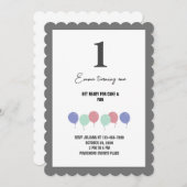Graue Ränder Ballons 1. Geburtstag Einladung (Vorne/Hinten)