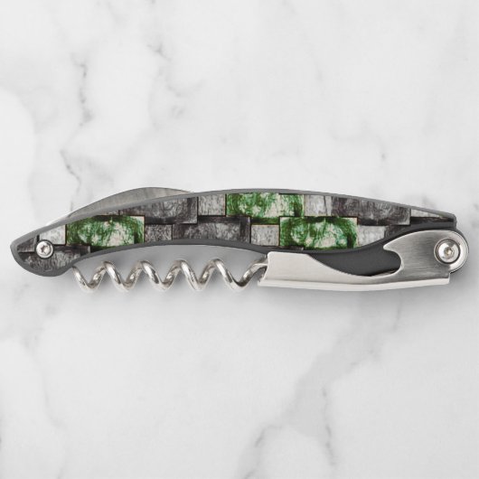 Graue rechteckige, geschnitzte und grün gefärbte S Kellnermesser (Rückseite)