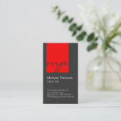 Graue Red Strip Script Monogram Business Card Visitenkarte (Stehend Vorderseite)