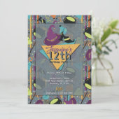 Graue Retro Witchy Halloween Einladung (Stehend Vorderseite)