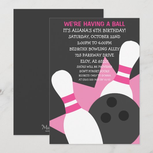 Graue/rosa auf der Bowling-Party Einladung (Vorne/Hinten)