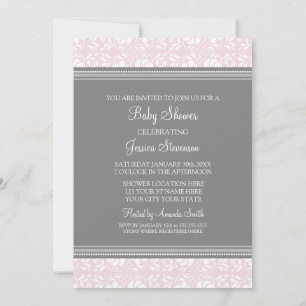 Graue rosa Damaske Custom Baby Dusche Einladungen