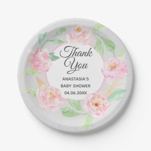 Graue & rosa florale Dankes-Babyparty-Girlande Pappteller