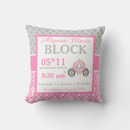 Graue rosa Prinzessin Baby Announcement Pillow Kissen (Vorderseite)