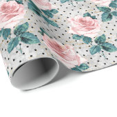 Graue Rosa Rosen Blumennoten Geschenkpapier (Rolleneckpunkt)