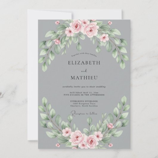 Graue Rosé Blatt Hochzeit Einladung (Vorderseite)