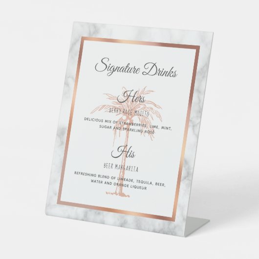 Graue Rose Gold Palm Tree Hochzeit Signature Drink Sockelschild (Vorderseite)