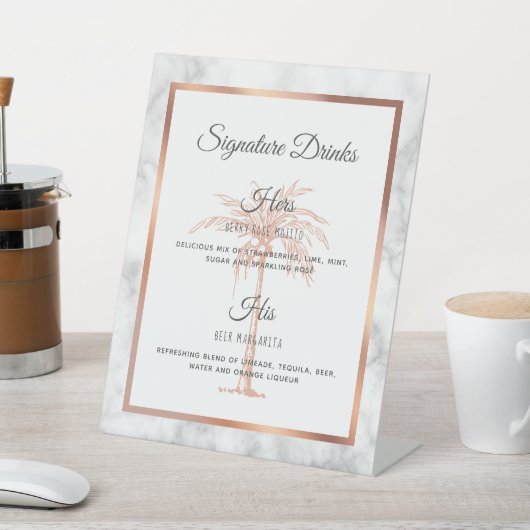 Graue Rose Gold Palm Tree Hochzeit Signature Drink Sockelschild (In SItu)