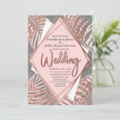 Graue Rose Gold Tropical Palm Tree Blätter Hochzei Einladung (Stehend Vorderseite)