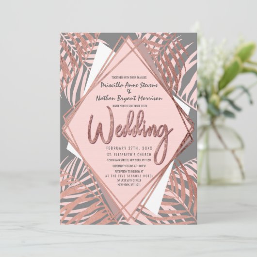 Graue Rose Gold Tropical Palm Tree Blätter Hochzei Einladung (Stehend Vorderseite)