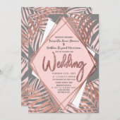 Graue Rose Gold Tropical Palm Tree Blätter Hochzei Einladung (Vorne/Hinten)