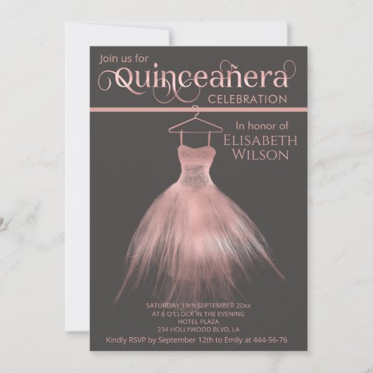 Graue Rose Goldkleid Kalligraphie Quinceañera Einladung (Vorderseite)
