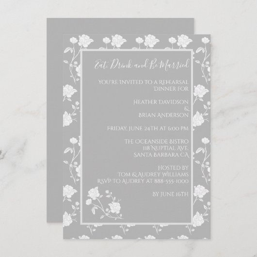 Graue Rose Probe Abendessen Einladung (Vorne/Hinten)