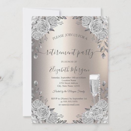 Graue Rose Prosecco Perlen Elfenbeinruhestand Einladung (Vorderseite)