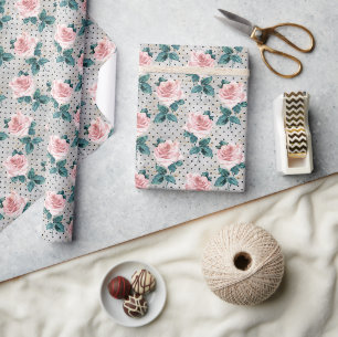Graue Rosé-Rosa Rosen Florale Punkte Geschenkpapier