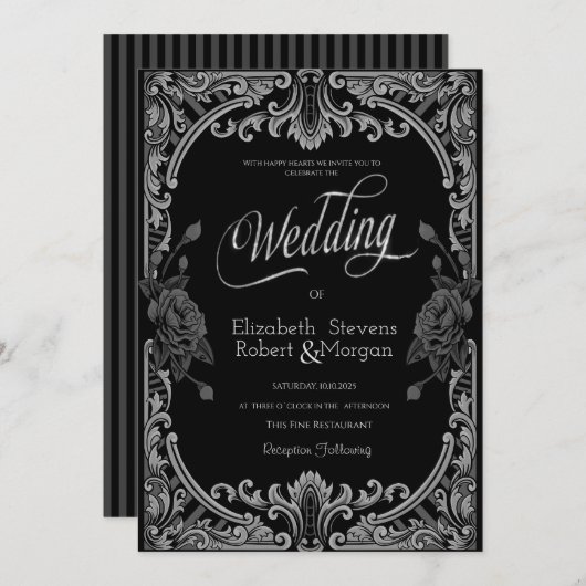 Graue Rose, Streifen, gotische Hochzeit Einladung (Vorne/Hinten)
