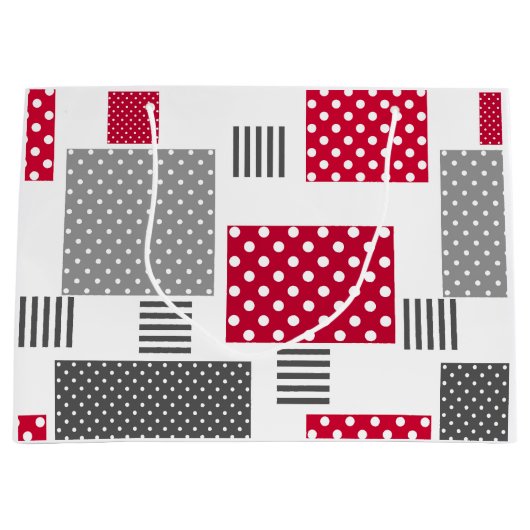 Graue rote Punkte-Patchwork auf weißem Hintergrund Große Geschenktüte (Vorderseite)