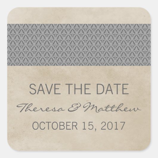 Graue Rustikale Damaskus Save the Date Stickers (Vorderseite)