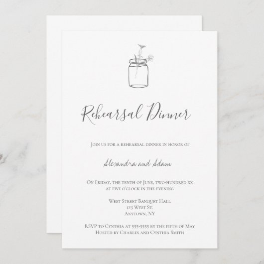 Graue rustikale Mason Jar Probe Dinner Einladungen (Vorne/Hinten)