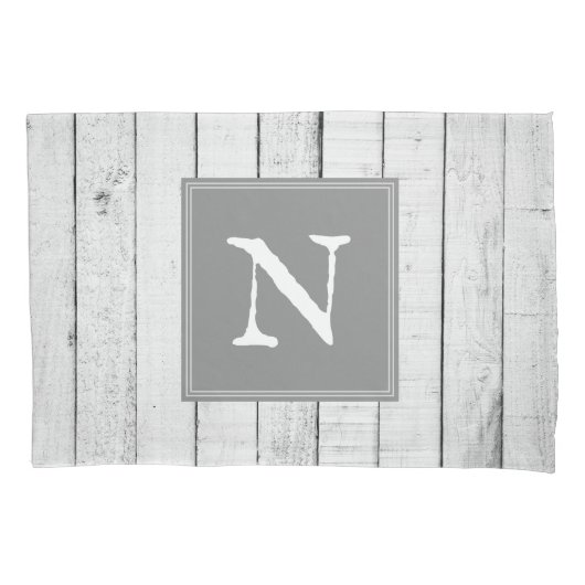Graue Rustikale Monogramm-Pillowcase Kissenbezug (Vorderseite)