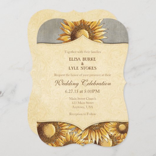 Graue, rustikale Sonnenblume Einladung zur Hochzei (Vorne/Hinten)