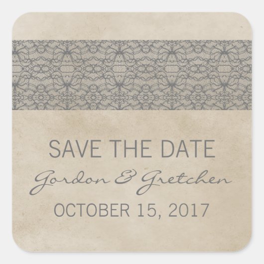 Graue Rustikale Spitzen Save the Date Aufkleber (Vorderseite)