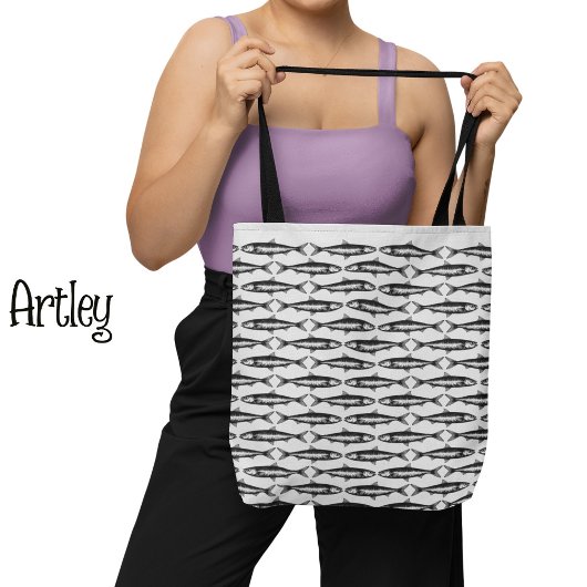Graue Sardine Art Pattern Fische Zeichnungen Tasche