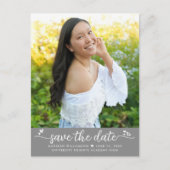 Graue Save the Date Abschluss Foto Script Hearts Einladungspostkarte (Vorderseite)