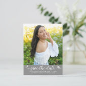 Graue Save the Date Abschluss Foto Script Hearts Einladungspostkarte (Stehend Vorderseite)