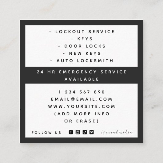 Graue Schlüssellogos Locksmith Services Social Med Quadratische Visitenkarte (Rückseite)