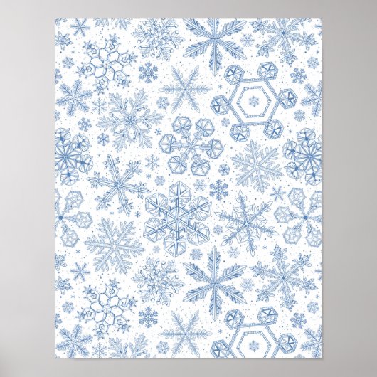 Graue Schneeflocken auf weißem Grund Poster (Vorne)
