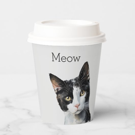 Graue Schwarz-weiße Kitty Cat Pappbecher (Vorderseite)