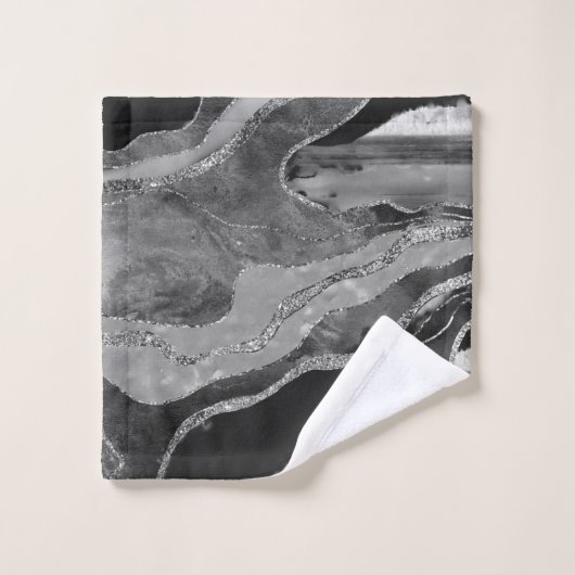 Graue Schwarz-weiße Marmorplatte Agate Silver Glit Badhandtuch Set (Waschlappen)