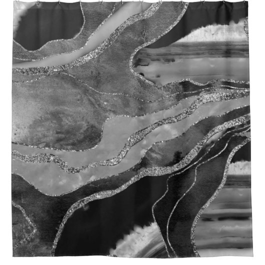 Graue Schwarz-weiße Marmorplatte Agate Silver Glit Duschvorhang (Vorderseite)