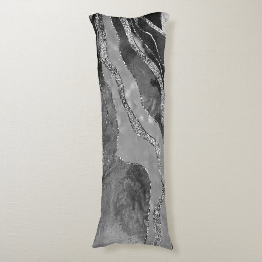 Graue Schwarz-weiße Marmorplatte Agate Silver Glit Seitenschläferkissen (Vorderseite Vertikal)