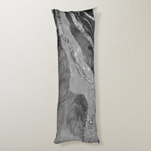 Graue Schwarz-weiße Marmorplatte Agate Silver Glit Seitenschläferkissen (Rückseite (Vertikal))