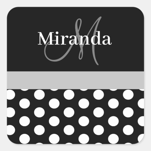 Graue Schwarz-weiße Polka Dot Monogram Square Stic Quadratischer Aufkleber (Vorderseite)