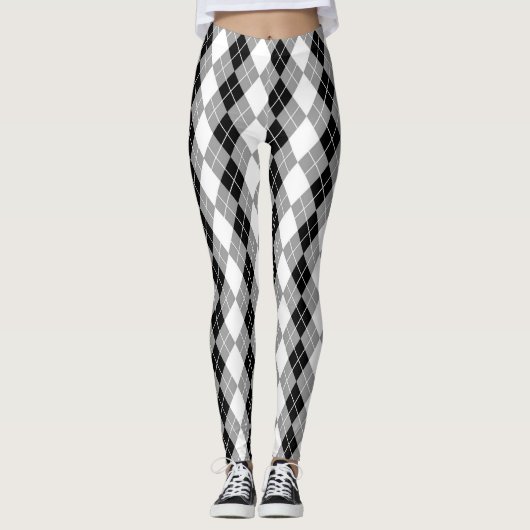 Graue Schwarz-weiße Raute Diamond Design Leggings (Vorderseite)