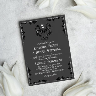 Graue Schwarze Drachen-Monogramm-Fantasy-Hochzeit Einladung
