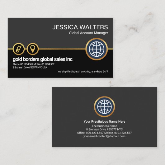 Graue schwarze Imitat Gold Location Icon Global Visitenkarte (Vorne/Hinten)