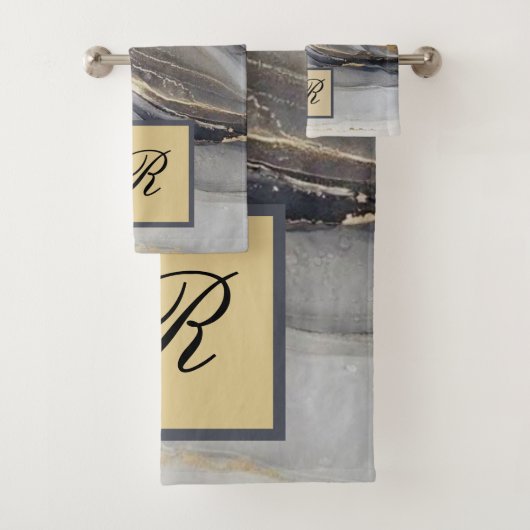 Graue schwarze Marmorplatte Hübsch elegant Monogra Badhandtuch Set (Insitu)