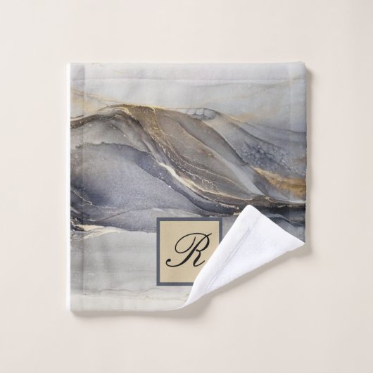 Graue schwarze Marmorplatte Hübsch elegant Monogra Badhandtuch Set (Waschlappen)